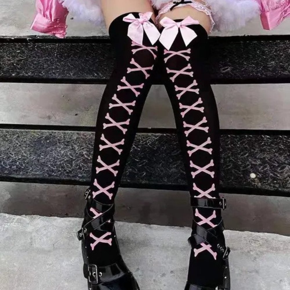 NEW Black Crossbones Over the Knee Socks OSFM